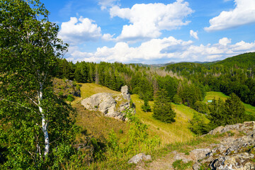Fototapeta na wymiar Landscape on the Steinberg in the landscape protection area in Herzberg am Harz, Lower Saxony. View from the mountain to the surrounding nature. 