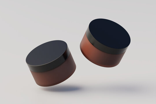 Amber Glass Cosmetic Multiple Jars Mockup. 3D Rendering