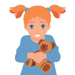 Little girl with a toy bear. Smile face.Vector.