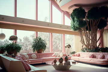 Retro Futura 1970s Living Room with White and Pastel Pink Colors with Beautiful Scenic View