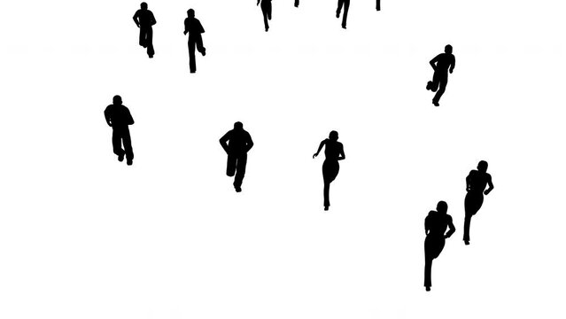 Silhouettes of people are run on a white background