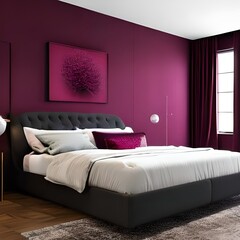 Bedroom in dark tone burgundy and viva magenta color trend 2023 year