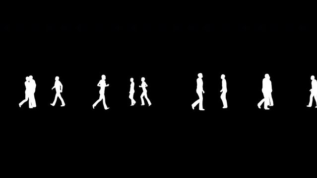 Silhouettes of people are walking on a black background