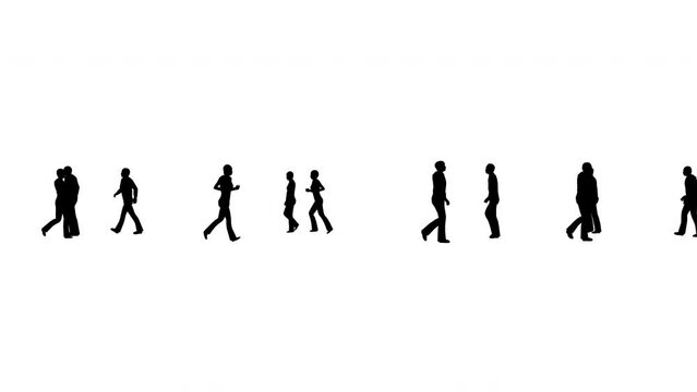 Silhouettes of people are walking on a white background
