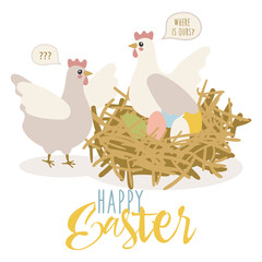 Easter funny postcard with the image of chickens in a nest with painted eggs. Where are ours. Design elements for postcards, flyers, banners, flyers. Delicate shades, cute illustration. Vector
