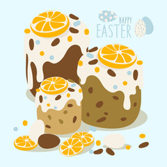 Easter banner, a postcard with an image of an Easter bun, eggs, flowers, candles. Design elements for postcards, flyers, banners, flyers. Delicate shades, cute illustration. Vector illustration