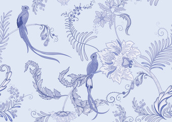 Fototapeta na wymiar Fantasy flowers with bird of paradise quezal, in retro, vintage, jacobean embroidery style. Seamless pattern, background. Vector illustration.
