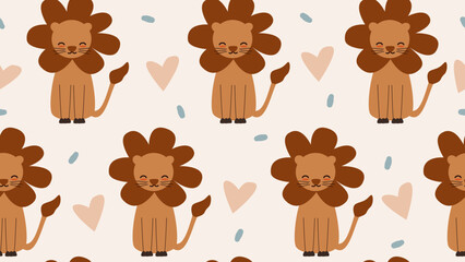 Cute seamless vector pattern illustration with hand drawn cartoon lions and hearts - 565308397