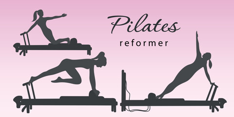 Pilates. Silhouette of a girl doing Pilates on a simulator. A concept for business. Vector illustration