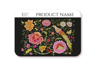 Fantasy flowers and pheasant bird in retro, vintage, chinese silk on velvet embroidery style. Template for plastic debit or credit, pass, discount, membership card. Vector illustration.