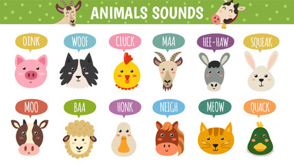 Farm animals making set in cartoon style. How do they say: cow, pig, horse, hen, sheep, donkey, goat, rabbit and other characters. Educational poster for kids. Vector illustration