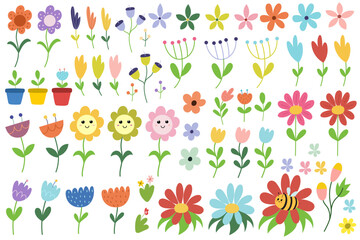 Doodle flowers big collection in cartoon style. Plants and flowers with leaves bundle. Colorful floral set. Vector illustration
