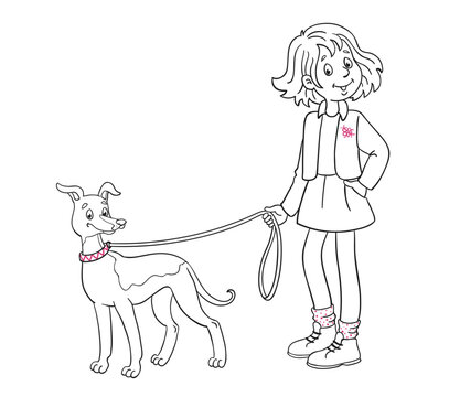 Cute girl with a funny whippet dog. Black and white picture with pink details. In cartoon style. For coloring book. Isolated on white background. Vector illustration