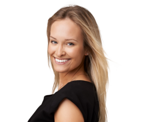 Close up of a gorgeous young blonde woman smiling at the camera Isolated on a PNG background.