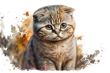 Portrait of cute kitten. Watercolor painting. Generative AI.