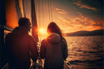 A romantic couple enjoying the sunset in a yacht in Saint Valentine's Day. Generative ai.