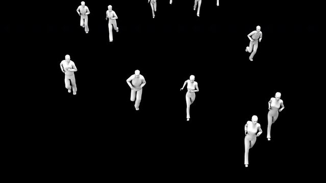 Silhouettes of people are walking on a black background