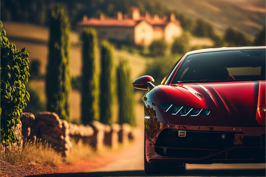 A Luxury Red Sports Car Running In A Road With Vineyards In A Sunny Day. Generative Ai.