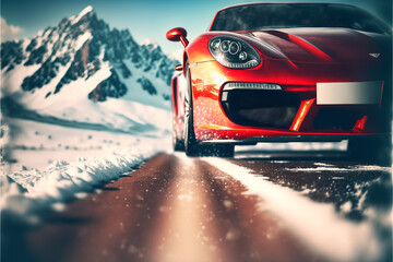 A luxury red sports car running in a road with snow. Generative ai.