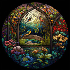 stunning stained glass window illustration in a garden setting Generative AI Technology