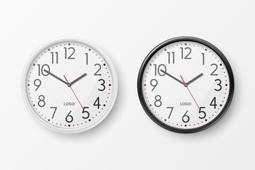Vector 3d Realistic Simple Round White and Black Wall Office Clock with White Dial Icon Set Closeup Isolated on White Background. Design Template, Mock-up for Branding, Advertise. Front or Top View