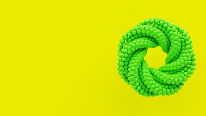 Bright green abstract spiral round shape of stones on a bright yellow background 3D rendering