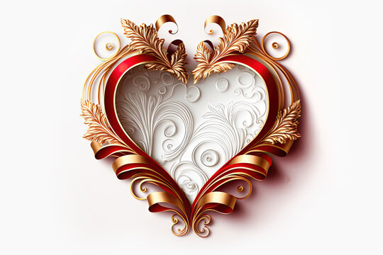 Valentine's Day Heart. Realistic 3d design, hearts with decorative gifts, ribbons and golden elements. Romantic background, creative banner, wedding invitation or poster. Digital illustration