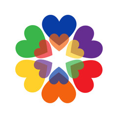 Hearts in circle, flower. Rainbow flag. Symbol of LGBT community, sexual minorities, gays and lesbians. Gay pride symbol. LGBT logo. Vector illustration.