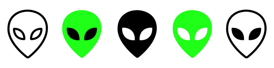 Set of different aliens head on white background. Alien green and black face illustration. 