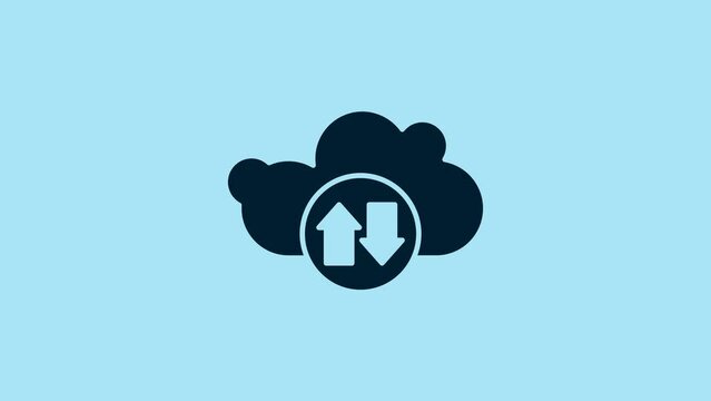 Blue Cloud download and upload icon isolated on blue background. 4K Video motion graphic animation
