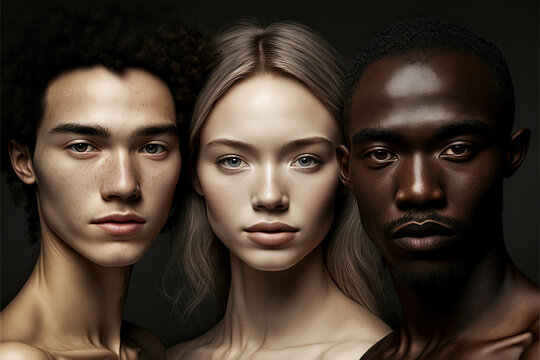 Portrait of multi-ethnic group of 3 beautiful young People. . Generative AI