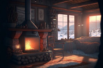 chimney or stove fire in a chalet in the mountains in winter