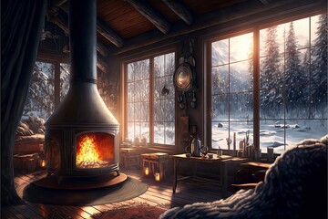 chimney or stove fire in a chalet in the mountains in winter