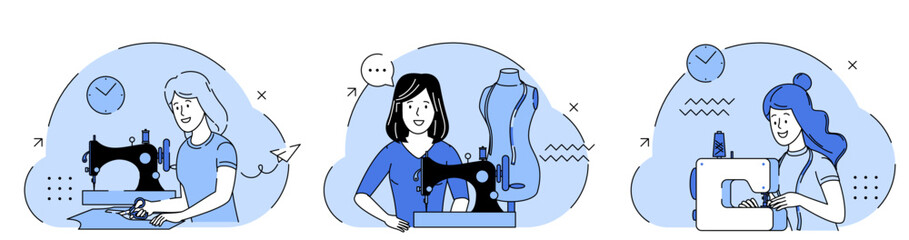 A woman seamstress works on a sewing machine. Female fashion designer at her workplace. Seamstress sewing on an industrial sewing machine. Fashion and tailoring concept. Set of Vector illustrations