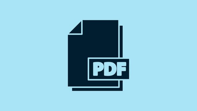 Blue PDF file document. Download pdf button icon isolated on blue background. PDF file symbol. 4K Video motion graphic animation