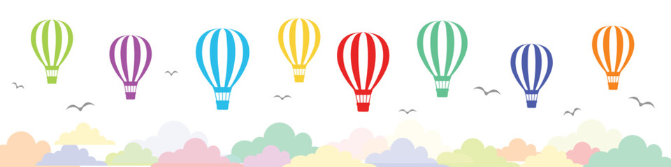 Vector Isolated Hot Air Balloons Design Elements. Colorful hot air balloons Objects. Clean Environment and Transportation Concept. Colorful Flying Balloons. Rainbow Colors Balloons. 