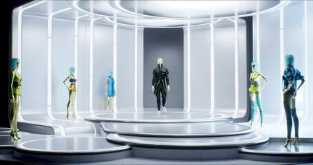 3D Fashion Show: Virtual Male Model Walking by the Metaverse Podum. Fashionable Casual Black Look. Meetings in Virtual Space, Artificial World. Concept of Gamification and Realization of NFT Products