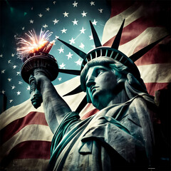 Obraz premium Dynamic Statue of Liberty Against an American Flag