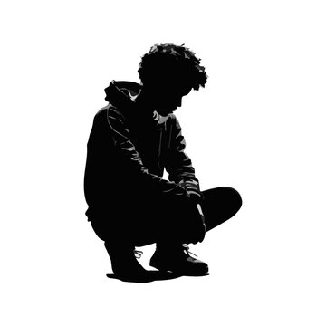 Minimalist solid black silhouette of a tired young man kneeling