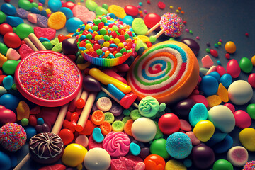 Fototapeta na wymiar arrière-plan composé de plein de bonbons différents aux couleurs acidulées - illustration ia