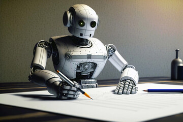 Chatgpt robot writing on paper. Generative ai.