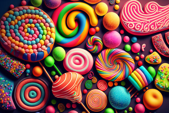 arrière-plan composé de plein de bonbons différents aux couleurs acidulées - illustration ia