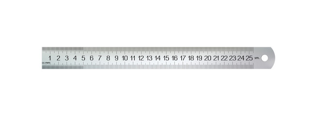 Top view realistic metal centimeters ruler, measuring tool isolated. 25 sm, cm, meter instrument locksmiths or carpenters, craft and school supplies. png - obrazy, fototapety, plakaty