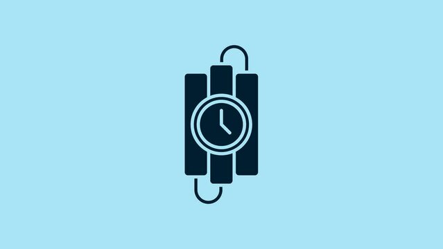 Blue Detonate dynamite bomb stick and timer clock icon isolated on blue background. Time bomb - explosion danger concept. 4K Video motion graphic animation