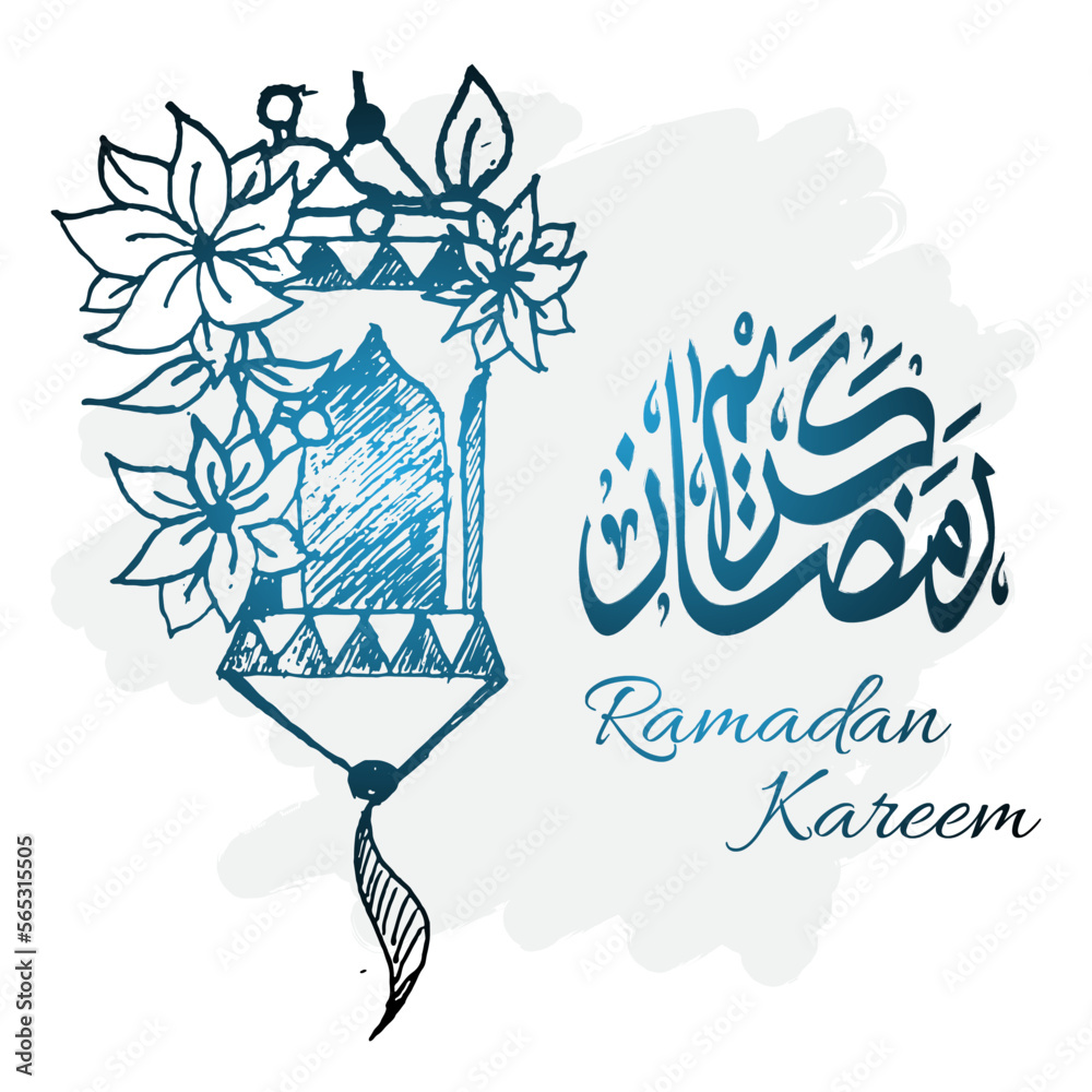 Wall mural hand drawn style ramadan kareem sketch with lantern, flowers and arabic calligraphy. islamic vector 