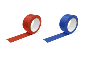 Vector 3d Realistic Glossy Red and Blue Tape Roll Icon Set, Mock-up Closeup Isolated on White Background. Design Template of Packaging Sticky Tape Roll or Adhesive Tape for Mockup. Front View