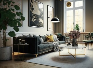 A large salon living room with a sofa. Featuring two armchairs, a sofa, mockup of a contemporary interior ,made with Generative AI