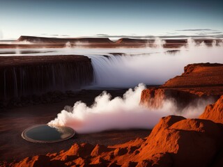 Fototapeta premium A mysterious barren landscape with hot springs and waterfalls. 