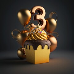 Gold birthday cupcake with balloon and number ,made with Generative AI