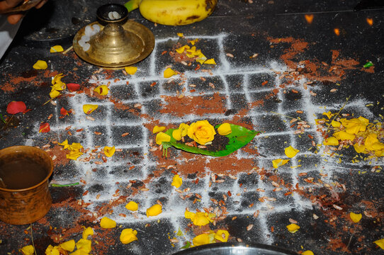 A spiritual mantra pattern drawn on the floor during a South Indian house-warming puja. ganapathi homam. Tamilnadu, India.